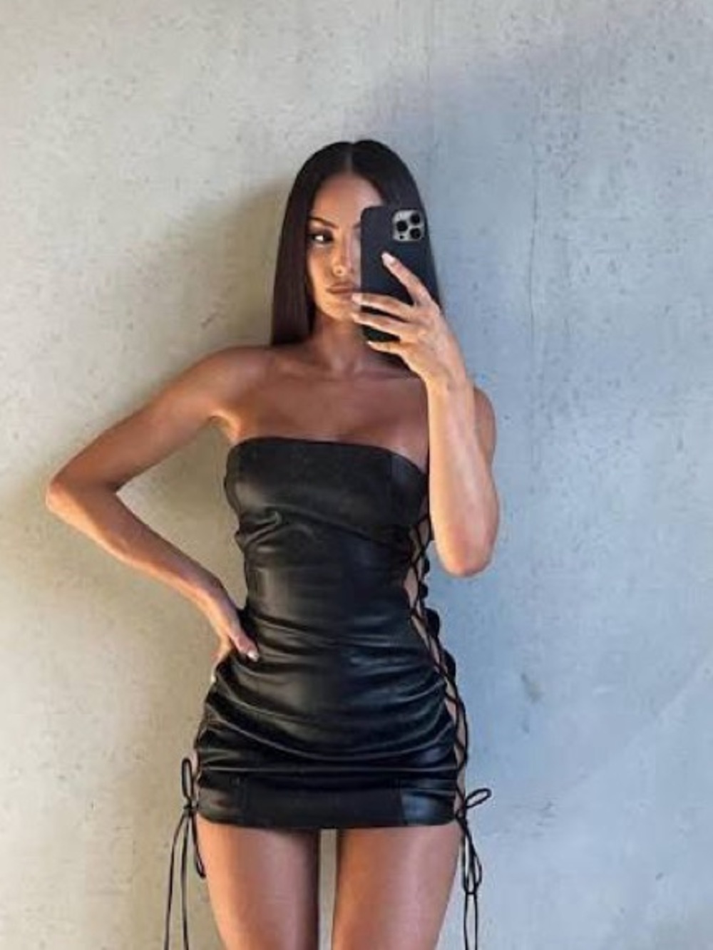 Meshki Leona black faux leather mini dress lace up